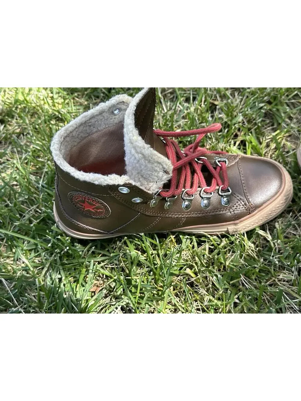 Converse All Star 632531C Brown Leather High Top Boots Kids Lined Red Laces US 4